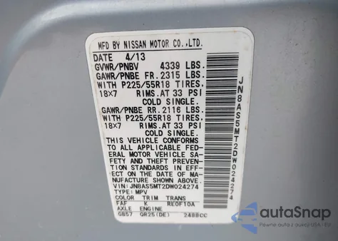 2013 Nissan Rogue Sv W/Sl Pkg from USA, damaged, VIN JN8AS5MT2DW024274